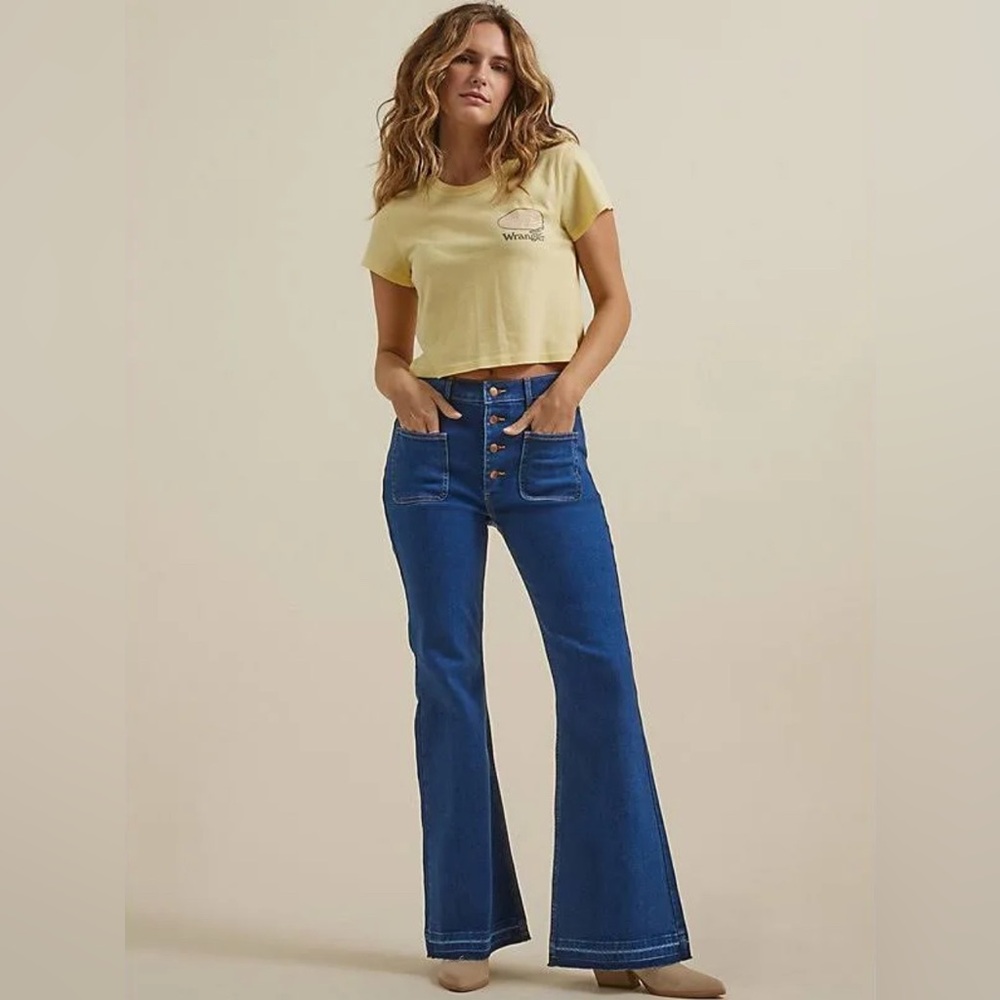 Wrangler High-Rise Button-Fly Flare Jeans in Blue